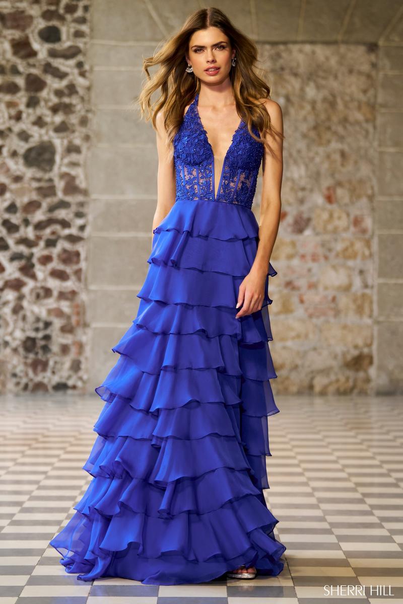 Sherri Hill Long Ruffle Chiffon and Lace Halter Dress 56656 Bright Pink / 0 Sherri Hill Long Ruffle Chiffon and Lace Halter Dress 56656 Bright Pink / 0