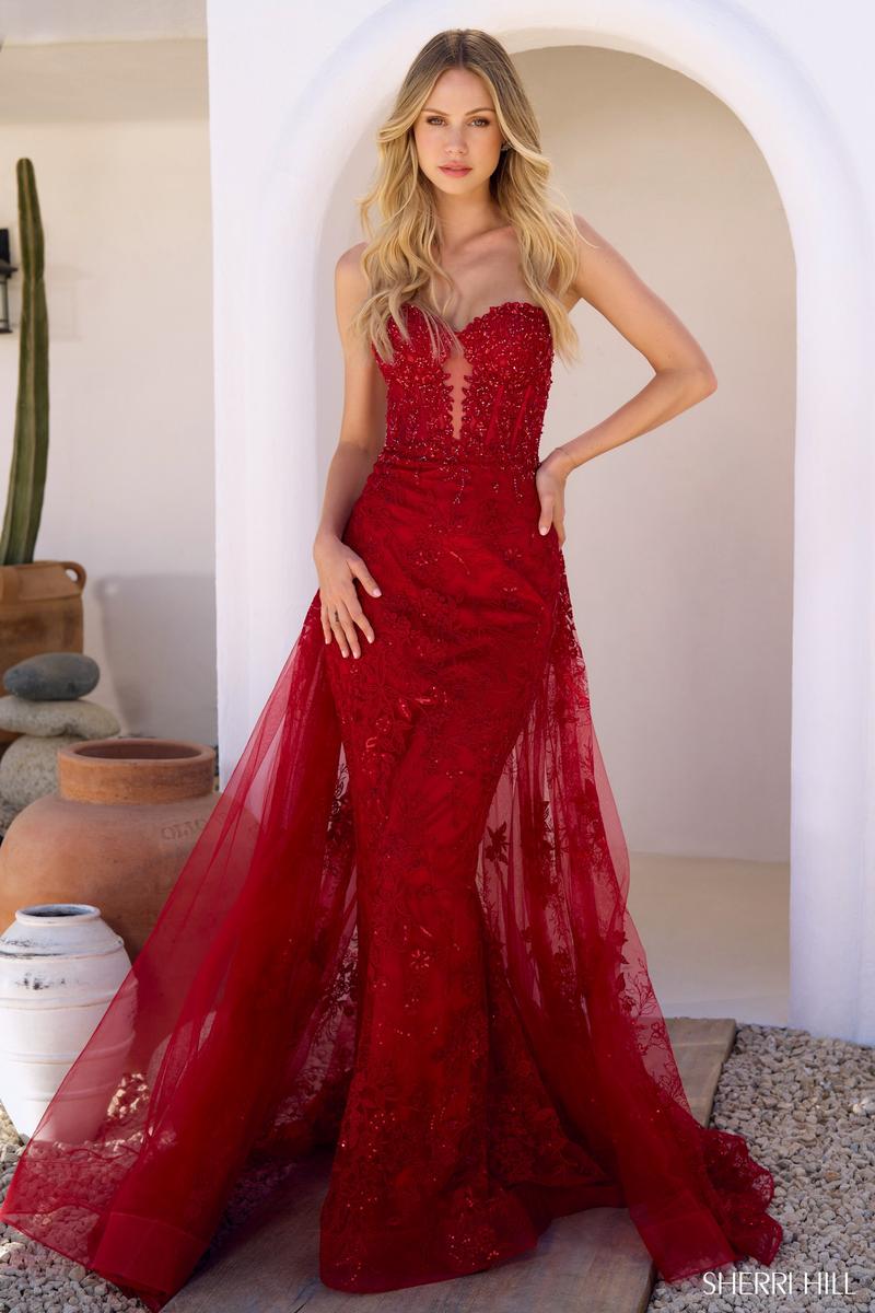 Sherri Hill Strapless Lace Dress with Overskirt 56670 Sherri Hill Strapless Lace Dress with Overskirt 56670