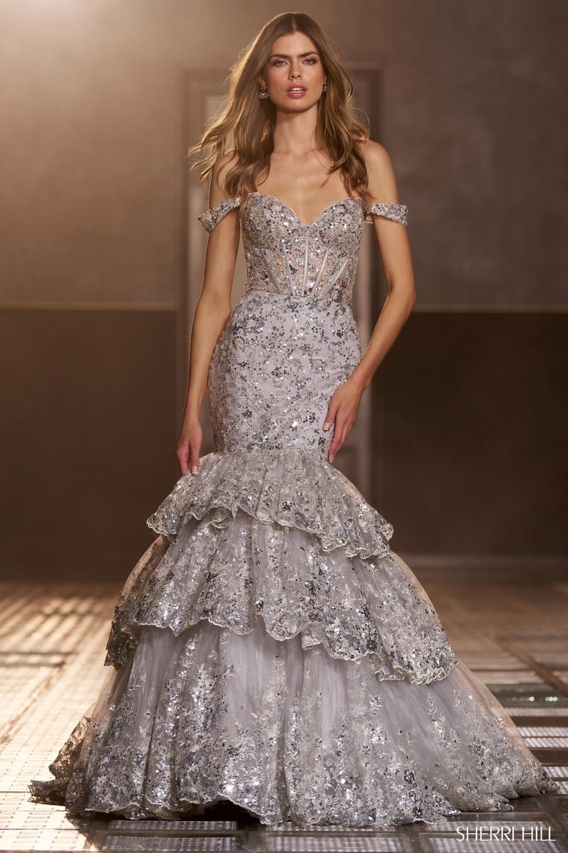 sherri hill silver mermaid dress Sherri Hill