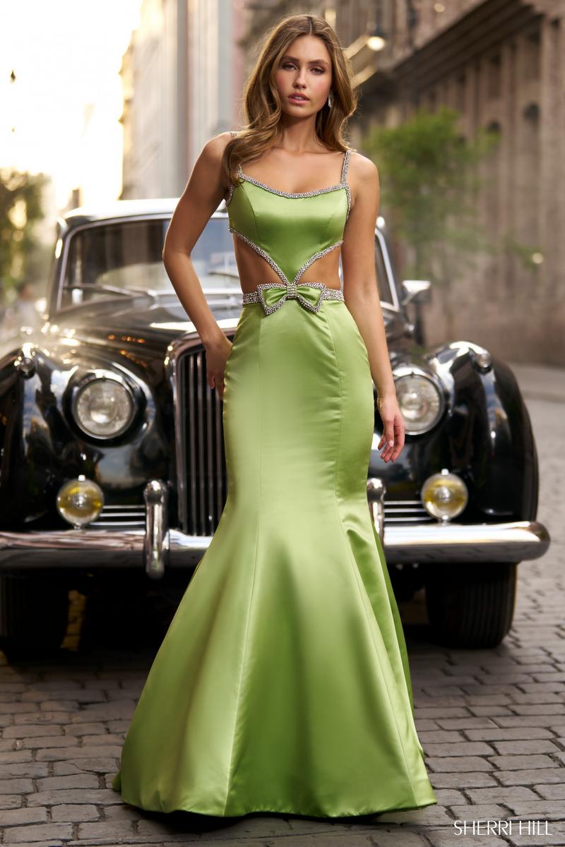 Sherri Hill Satin Mermaid Cut Out Gown 56699 Chartreuse / 0 Sherri Hill Satin Mermaid Cut Out Gown 56699 Chartreuse / 0