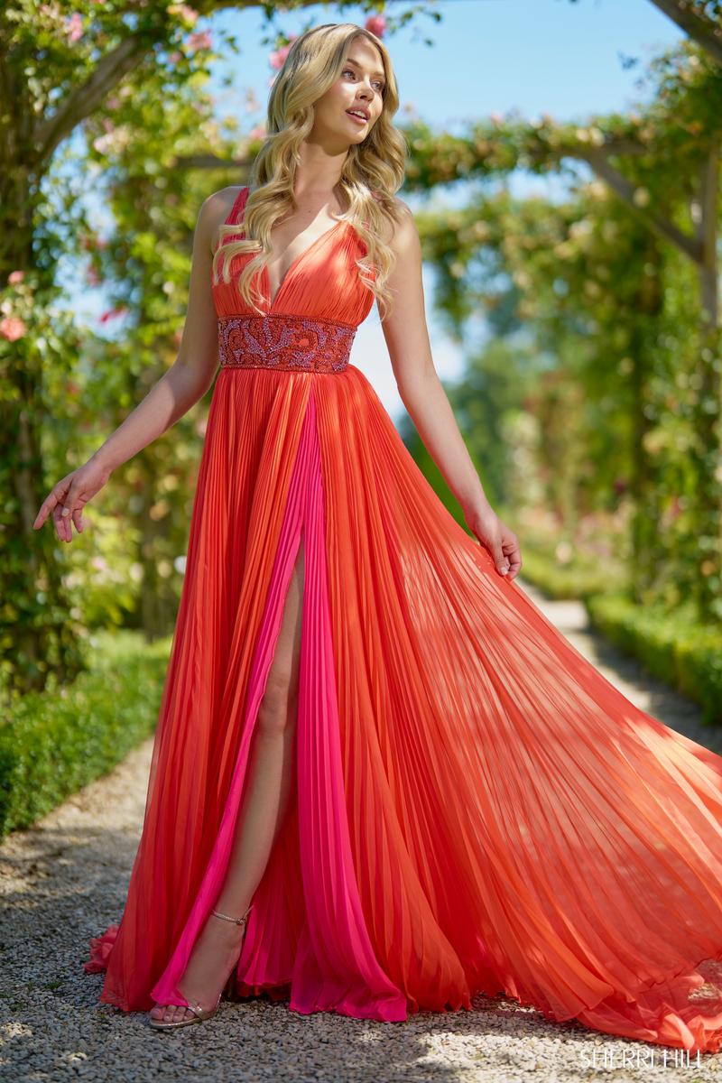 Sherri Hill Pleated Chiffon Gown 56700 Red/Fuchsia / 8 Sherri Hill Pleated Chiffon Gown 56700 Red/Fuchsia / 8