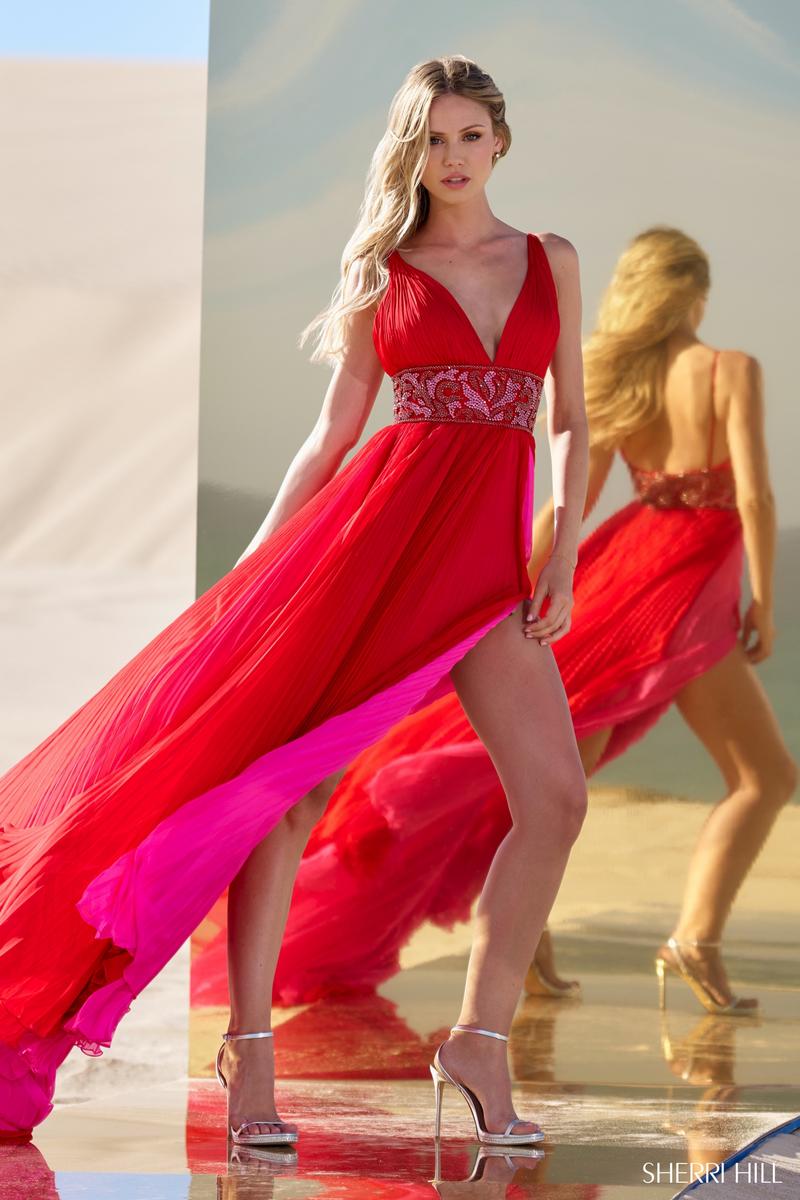 Sherri Hill Pleated Chiffon Gown 56700 Red/Fuchsia / 8 Sherri Hill Pleated Chiffon Gown 56700 Red/Fuchsia / 8
