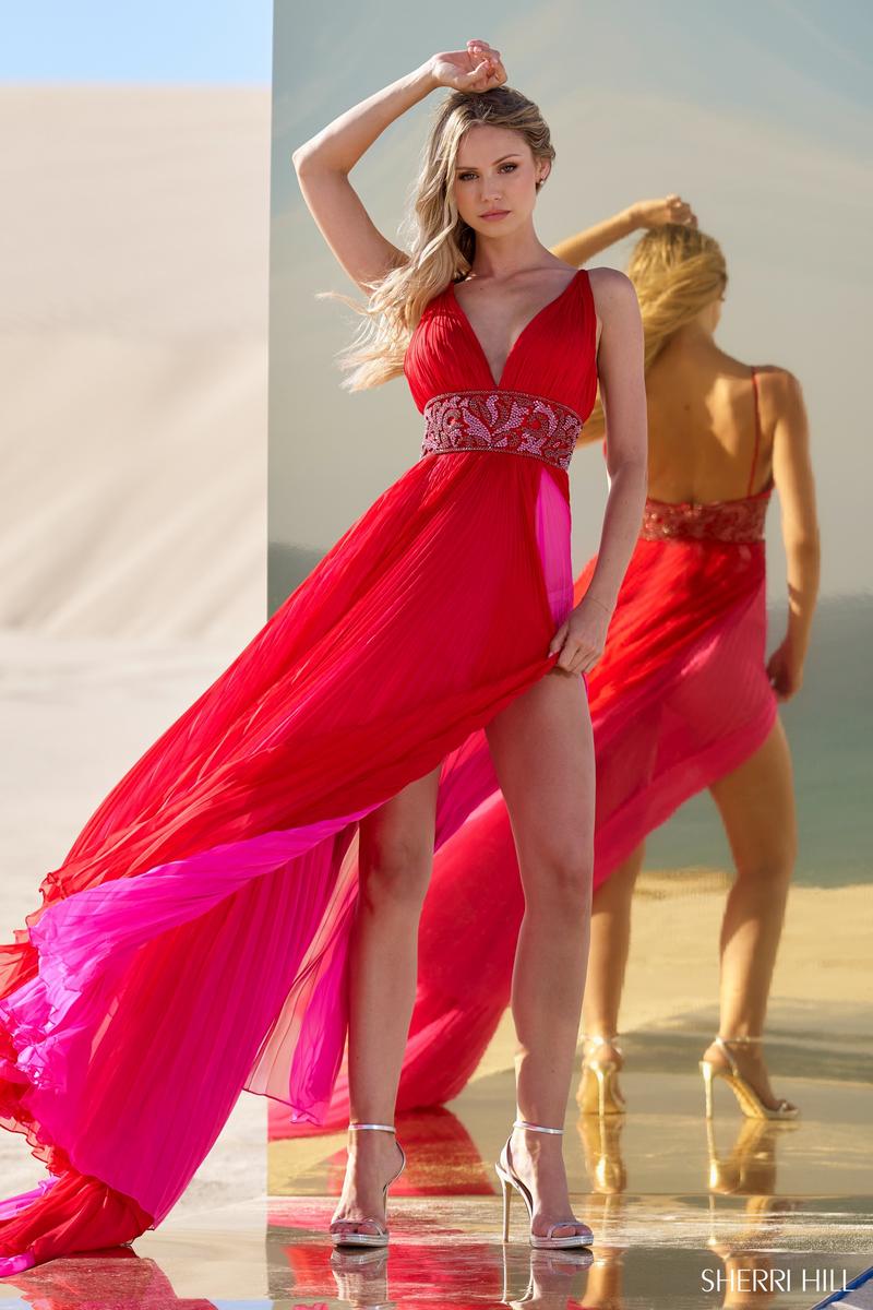 Sherri Hill Pleated Chiffon Gown 56700 Red/Fuchsia / 8 Sherri Hill Pleated Chiffon Gown 56700 Red/Fuchsia / 8