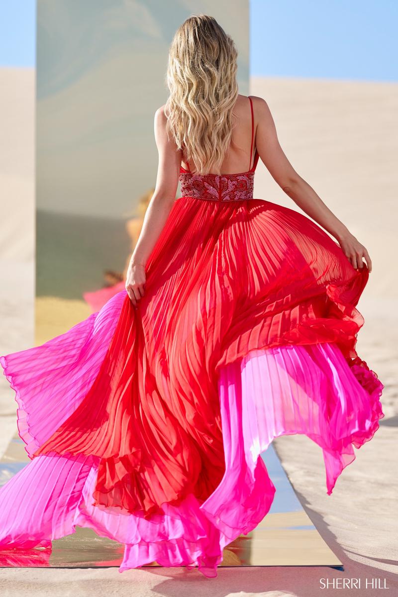 Sherri Hill Pleated Chiffon Gown 56700 Red/Fuchsia / 8 Sherri Hill Pleated Chiffon Gown 56700 Red/Fuchsia / 8