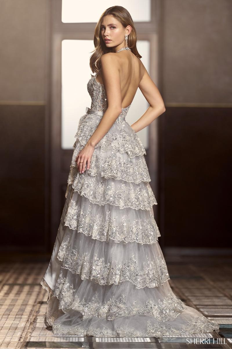 Sherri Hill Dramatic Halter Sequin Lace A-line Gown 56706 Silver / 12 Sherri Hill Dramatic Halter Sequin Lace A-line Gown 56706 Silver / 12