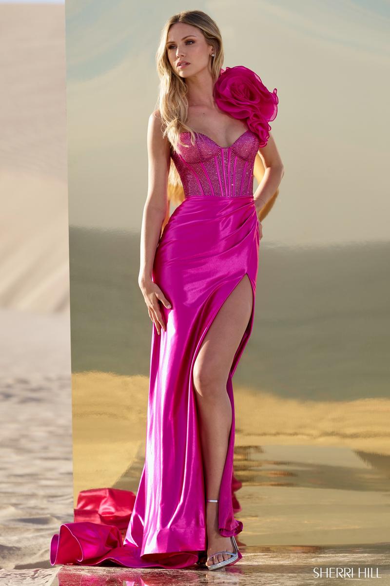 Sherri Hill hot fix corset gown with 3D flower 56764 Sherri Hill hot fix corset gown with 3D flower 56764