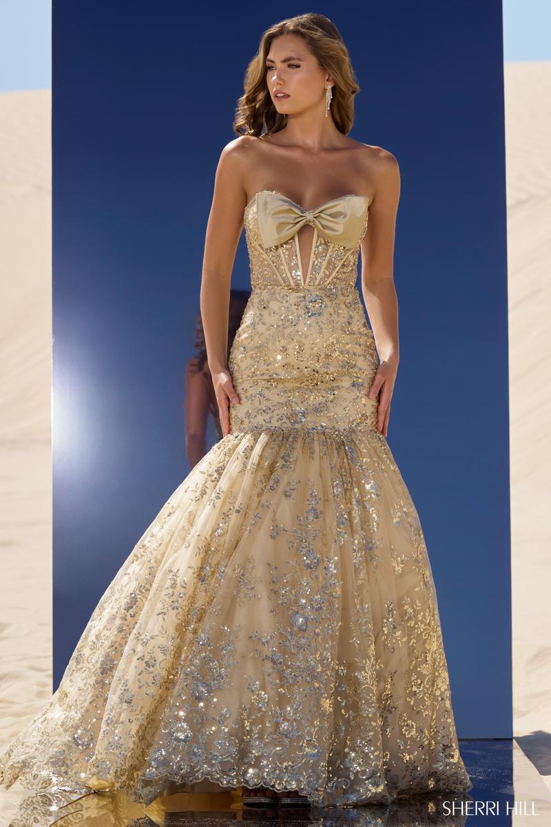 Sherri Hill Strapless Mermaid Dress with Bow 56775 Sherri Hill Strapless Mermaid Dress with Bow 56775