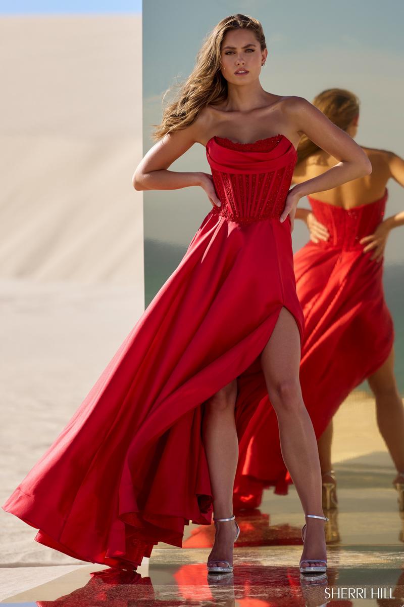 Sherri Hill Strapless A-line Corset Dress 56828 Red / 12 Sherri Hill Strapless A-line Corset Dress 56828 Red / 12