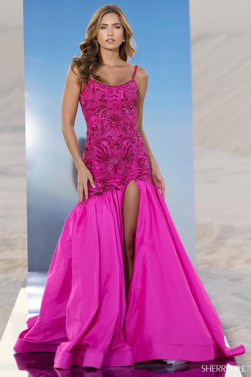 Sherri Hill Dropped Waist Fully Beaded Trumpet Dress 56831 Bright Fuchsia / 0 Sherri Hill Dropped Waist Fully Beaded Trumpet Dress 56831 Bright Fuchsia / 0