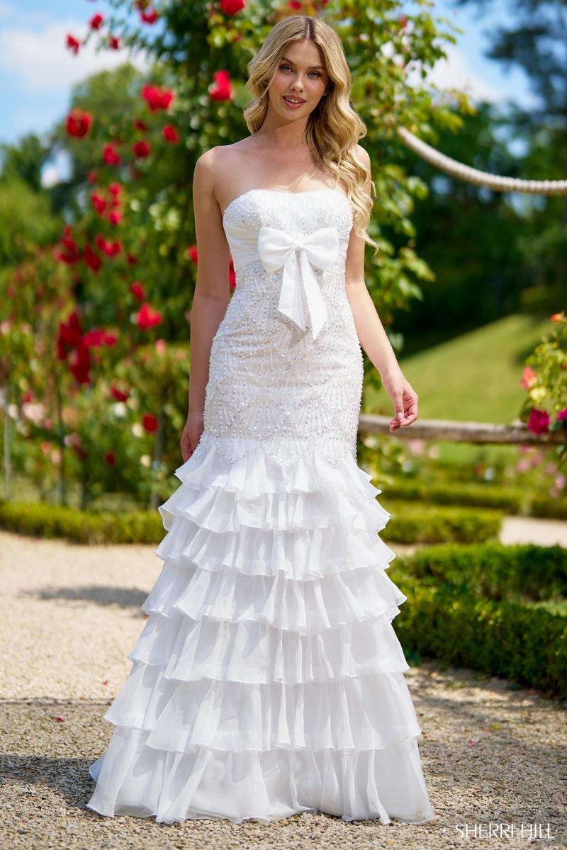 frill dress white Sherri Hill Strapless Mermaid Ruffle Prom Dress 56949