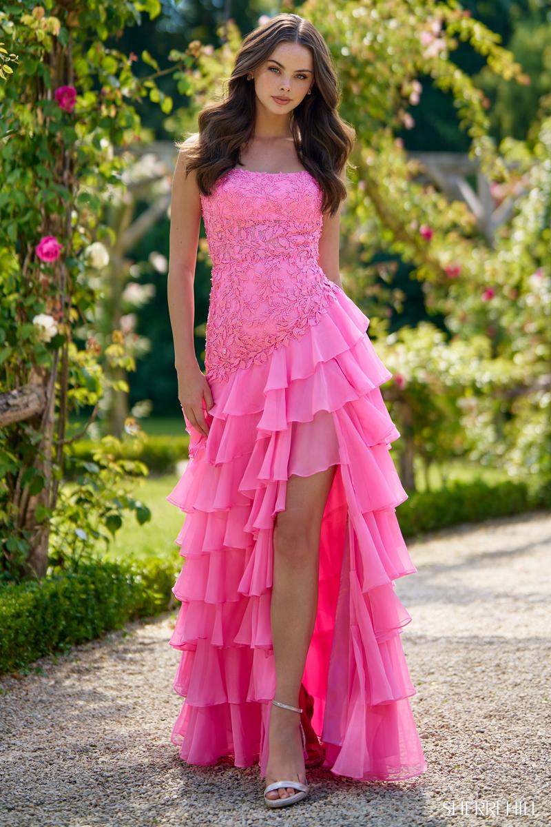 Sherri Hill Strapless Lace Ruffle Hem Prom Dress 56961 Sherri Hill Strapless Lace Ruffle Hem Prom Dress 56961