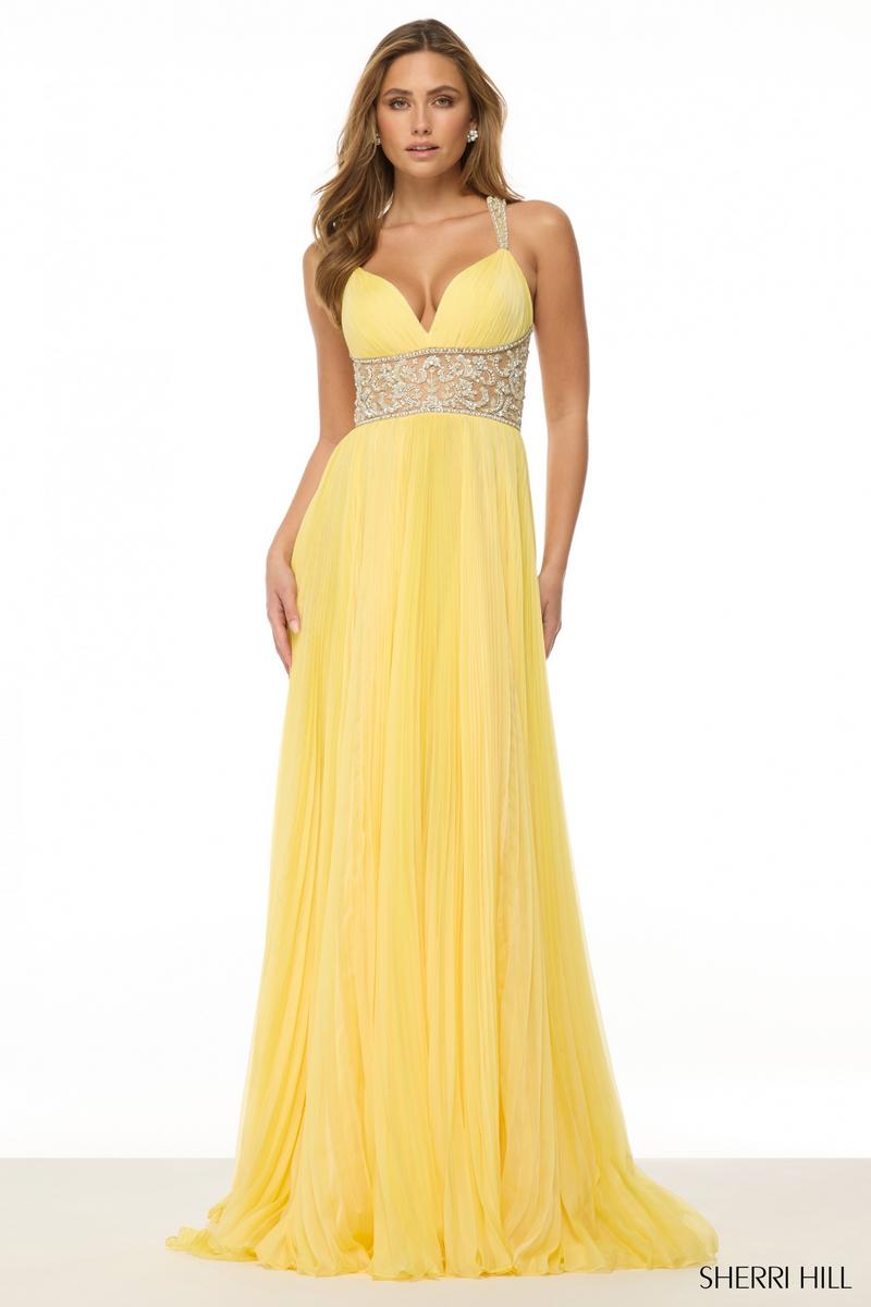 Sherri Hill A-Line Beaded Waist Long Prom Dress 57054 Sherri Hill A-Line Beaded Waist Long Prom Dress 57054