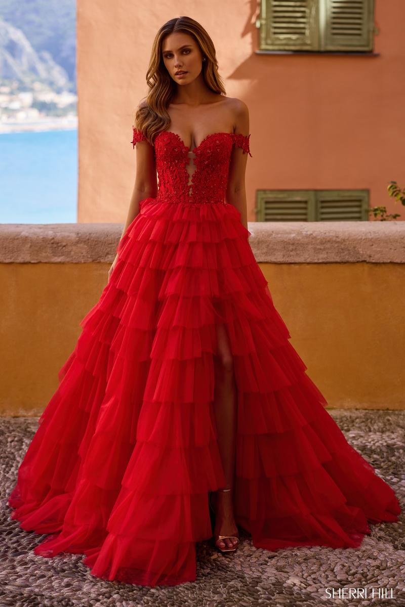 Sherri Hill Lace Corset Ruffle Prom Dress 57120 Sherri Hill Lace Corset Ruffle Prom Dress 57120