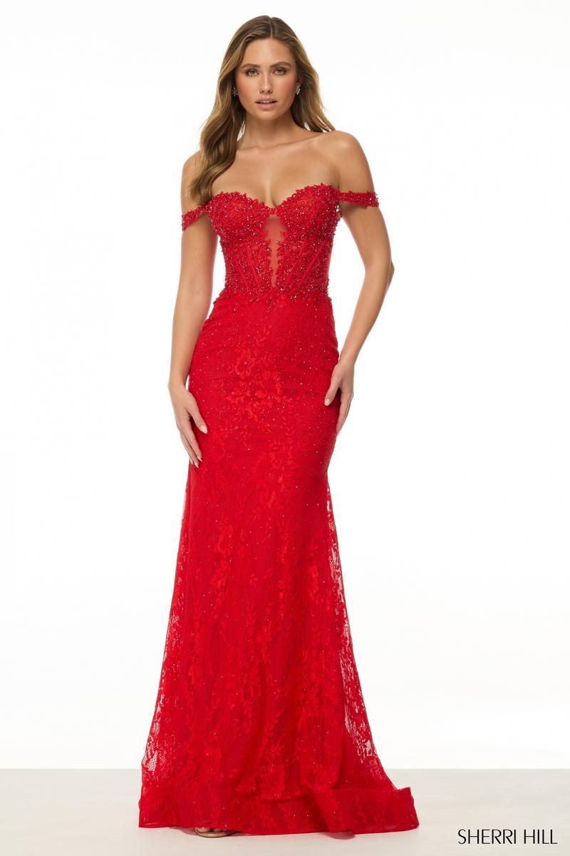 Sherri Hill Off Shoulder Lace Corset Prom Dress 57130 Sherri Hill Off Shoulder Lace Corset Prom Dress 57130