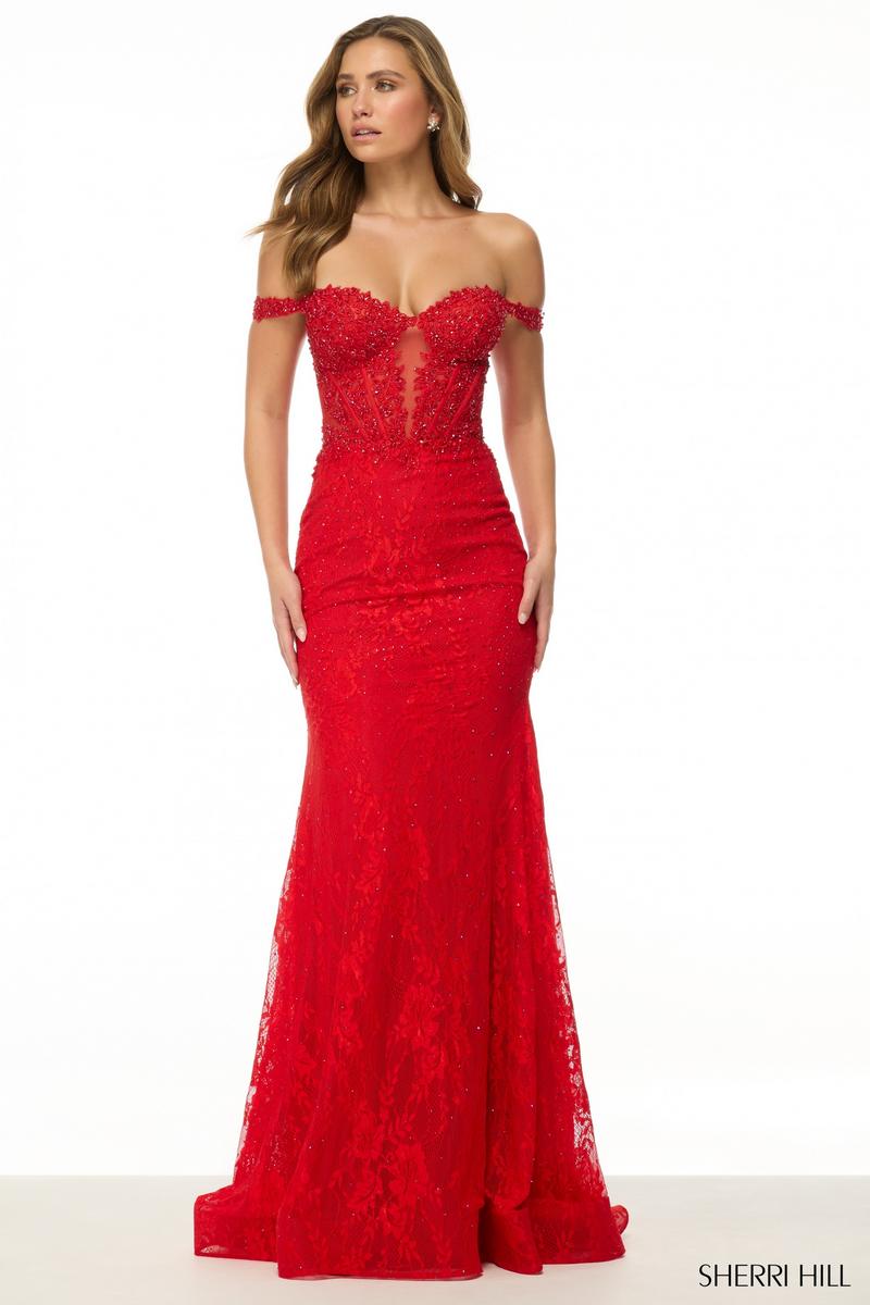 Sherri Hill Off Shoulder Lace Corset Prom Dress 57130 Sherri Hill Off Shoulder Lace Corset Prom Dress 57130