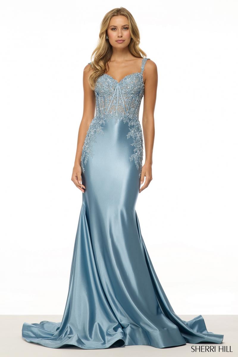 vintage corset prom dress Sherri Hill 56042 If you are searching for a standout strapless floral prom gown with a slit and laceup back Wisteria 2026 Off-the-Shoulder Prom Dress