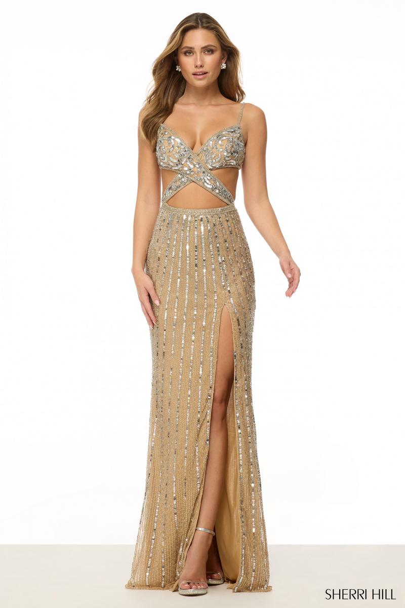 Sherri Hill beaded criss-cross cut out dress with slit 57185 Sherri Hill beaded criss-cross cut out dress with slit 57185