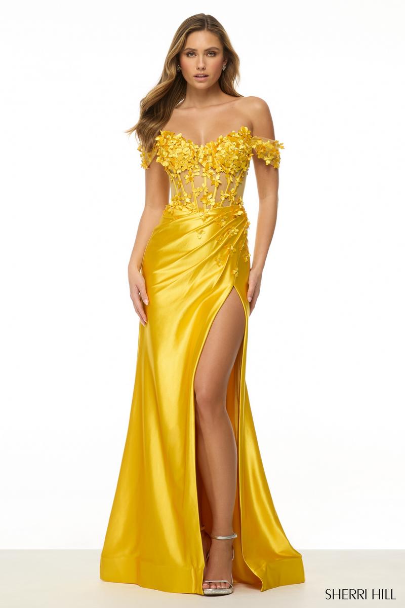 Sherri Hill Off Shoulder 3D Floral Corset Prom Dress 57201 Sherri Hill Off Shoulder 3D Floral Corset Prom Dress 57201