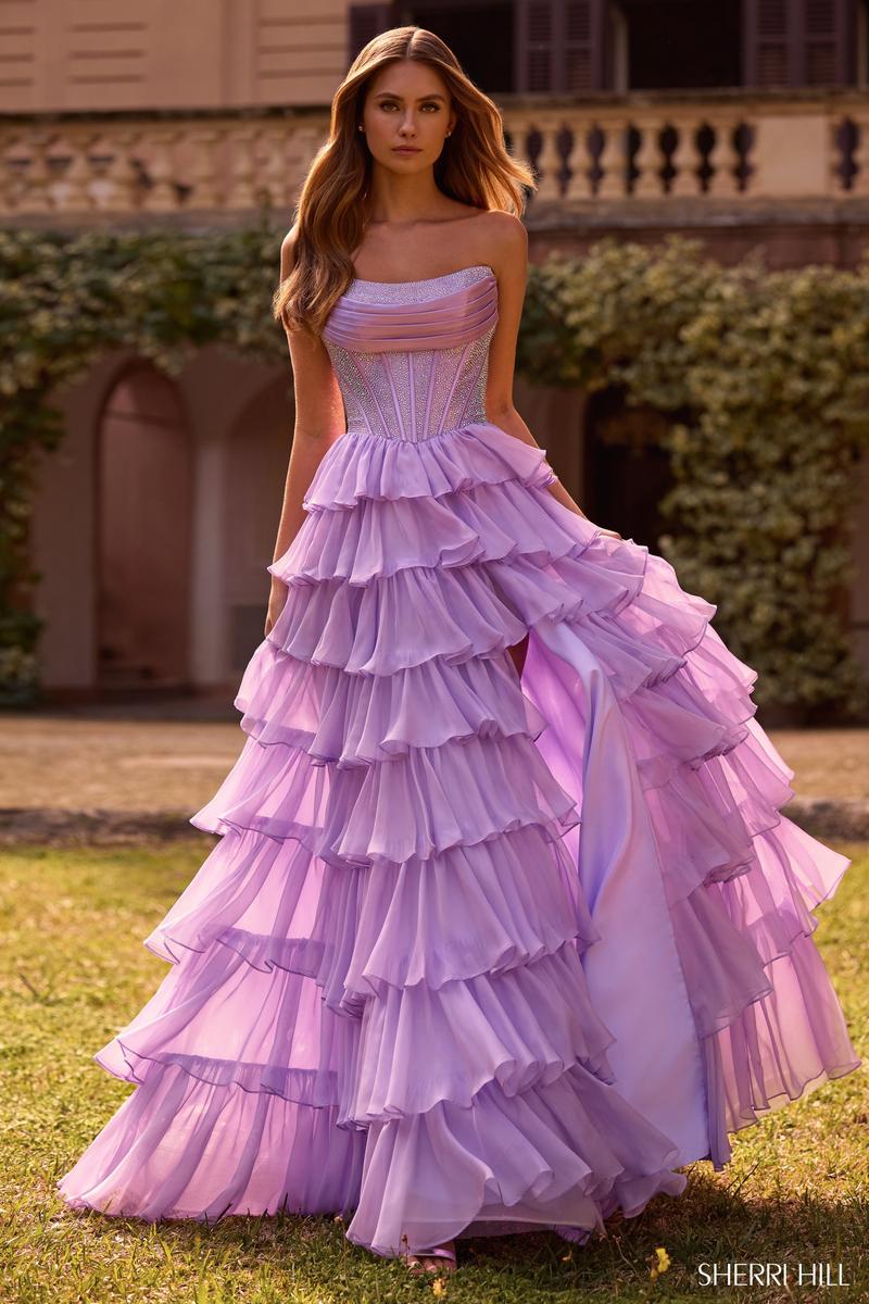 Sherri Hill Strapless Corset Ruffle Skirt A-line Dress 57288 Sherri Hill Strapless Corset Ruffle Skirt A-line Dress 57288