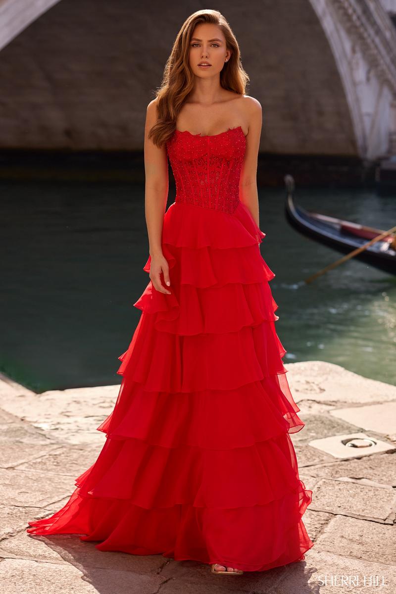 Sherri Hill Ruffle Lace Long Prom Dress 57336 Sherri Hill Ruffle Lace Long Prom Dress 57336