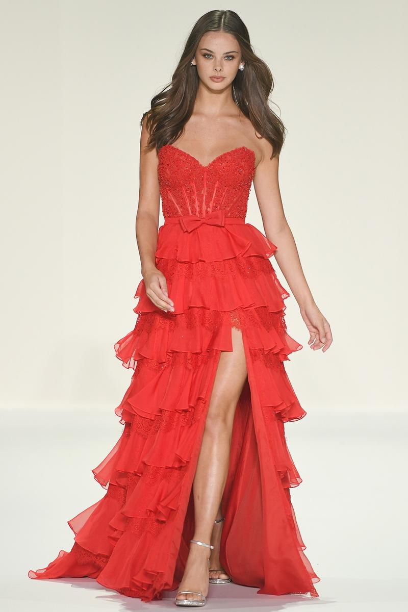Sherri Hill Strapless Lace Corset Prom Dress 57479 Red / 000 Sherri Hill Strapless Lace Corset Prom Dress 57479 Red / 000