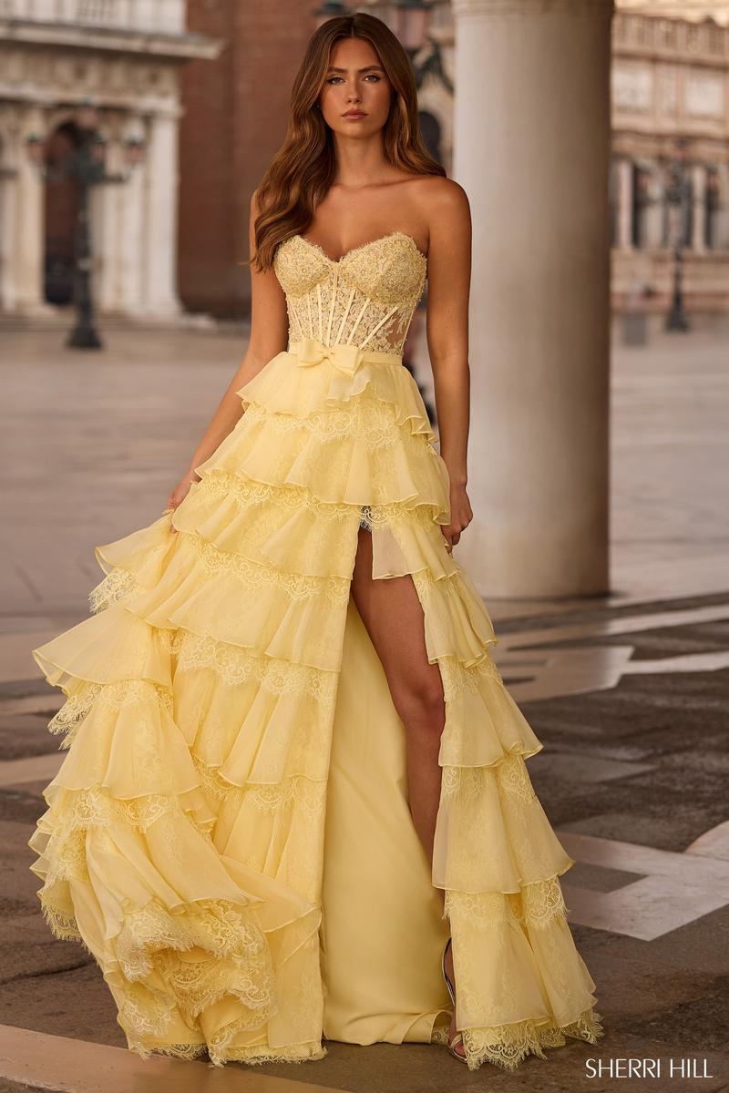 Sherri Hill Strapless Lace Corset Prom Dress 57479 Black / 4 Sherri Hill Strapless Lace Corset Prom Dress 57479 Black / 4