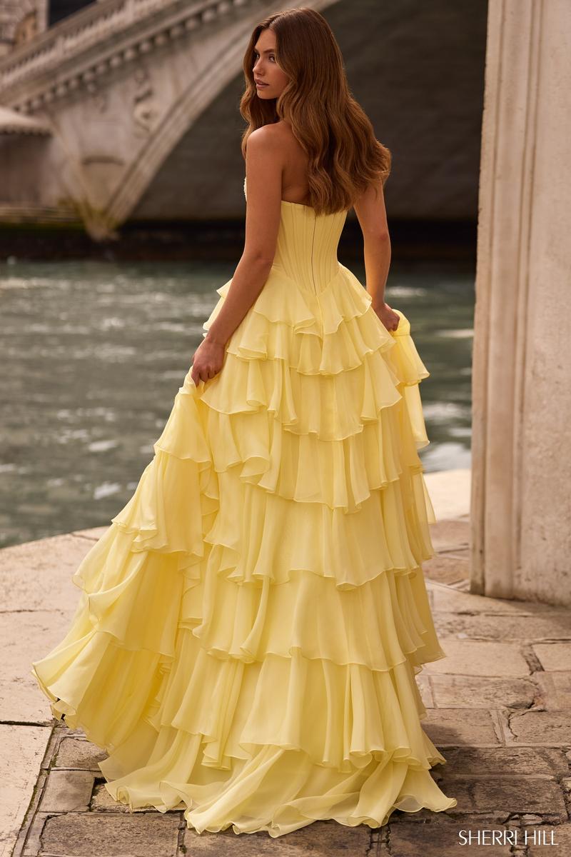 Sherri Hill Lovely Strapless Ruffle Prom Dress 57541 Yellow / 4