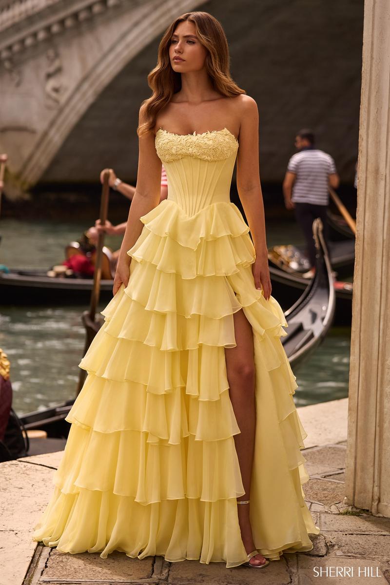 gold ruffle prom dress Elegant Ball Gown Long Strapless Gold Ruffle Tiered Tulle Prom Dresses