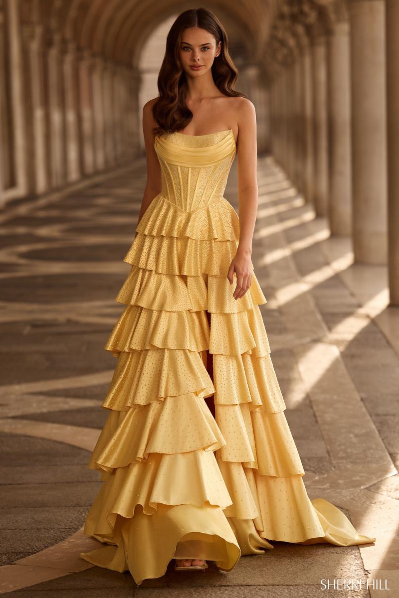 Sherri Hill Ruffle Corset Prom Dress 57567 Yellow / 2 Sherri Hill Ruffle Corset Prom Dress 57567 Yellow / 2