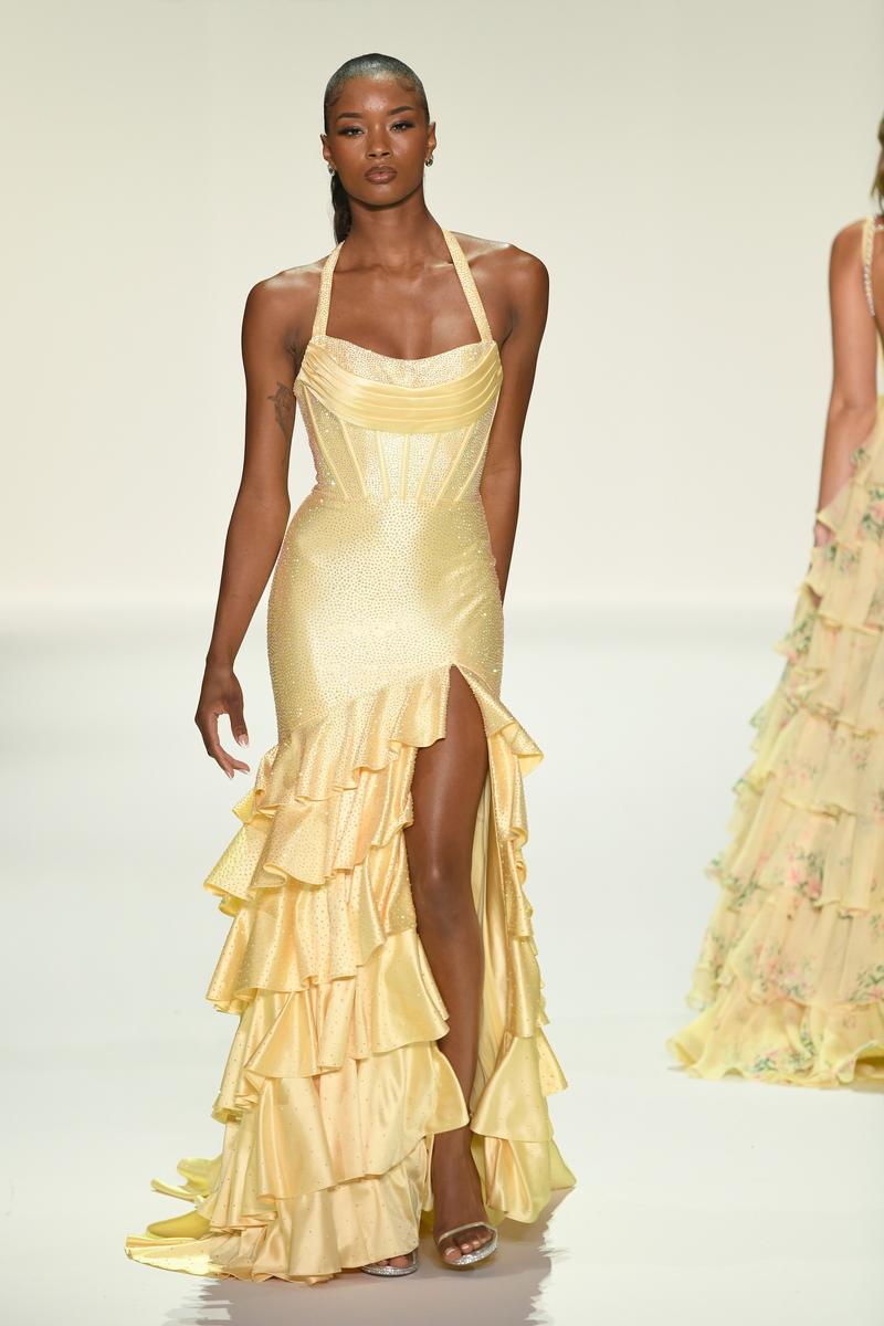Sherri Hill Halter Fit and Flare Prom Dress 57618 Yellow / 2 Sherri Hill Halter Fit and Flare Prom Dress 57618 Yellow / 2