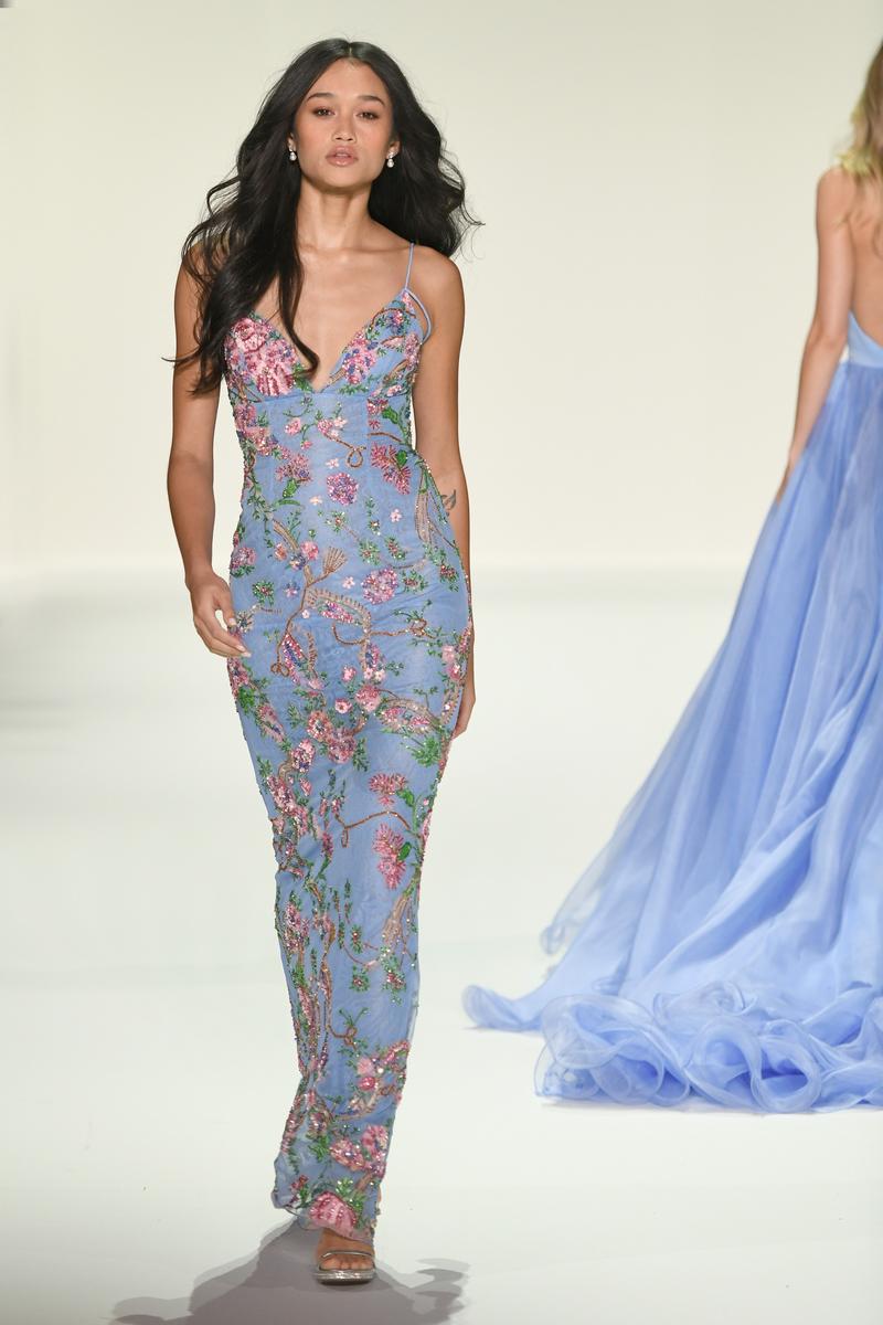 Sherri Hill Floral Beaded Lace-up Back Prom Dress 57670 Light Yellow Print / 00 Sherri Hill Floral Beaded Lace-up Back Prom Dress 57670 Light Yellow Print / 00