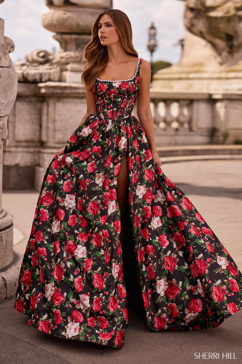 Sherri Hill Basque Waist Floral Print Prom Dress 57725