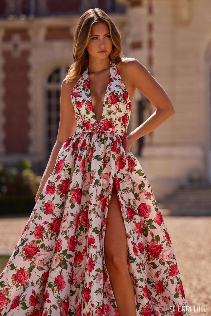 Sheri Hill Floral Print Halter Prom Dress 57726 Black Print / 8 Sheri Hill Floral Print Halter Prom Dress 57726 Black Print / 8