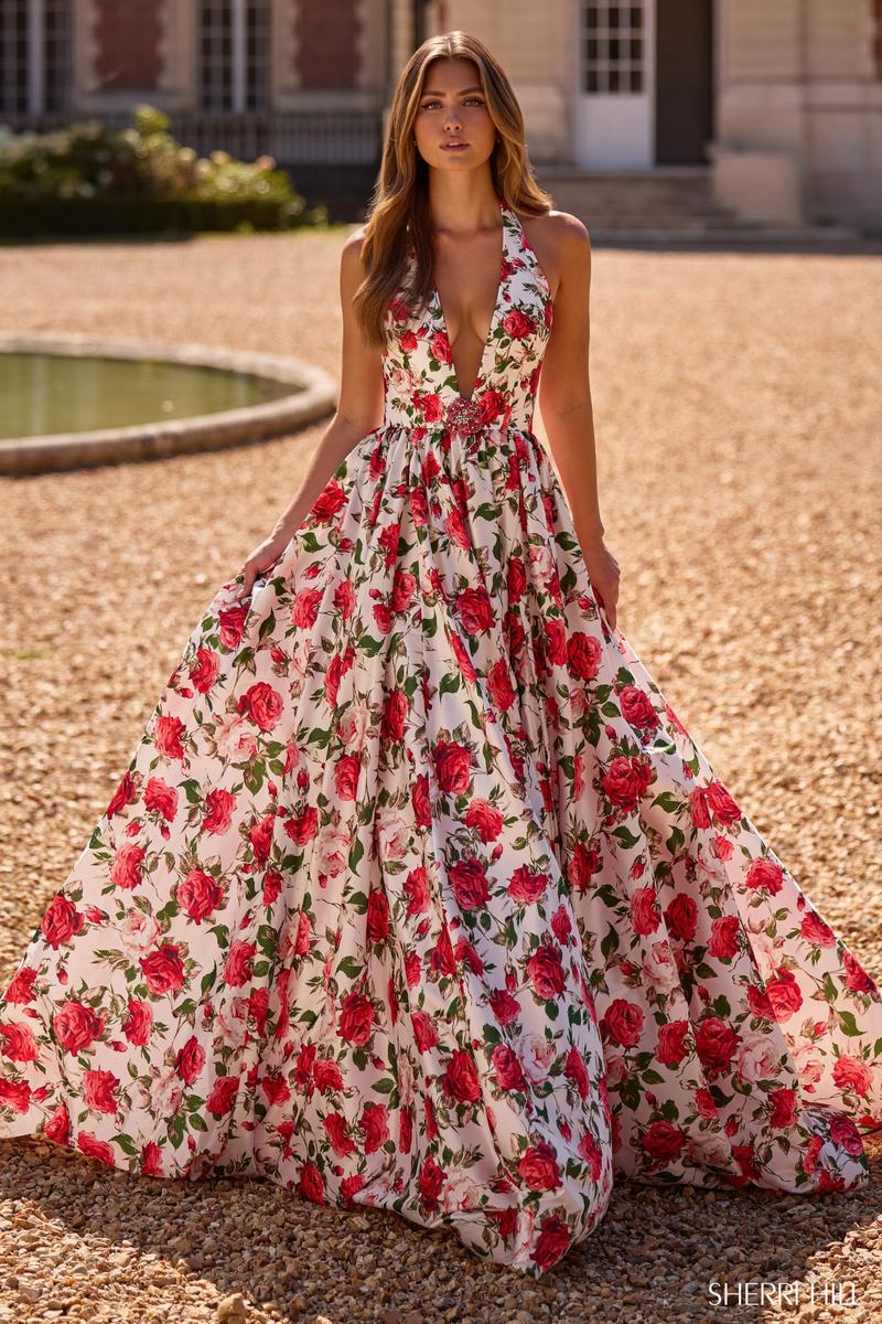Sheri Hill Floral Print Halter Prom Dress 57726 Ivory Print / 00 Sheri Hill Floral Print Halter Prom Dress 57726 Ivory Print / 00