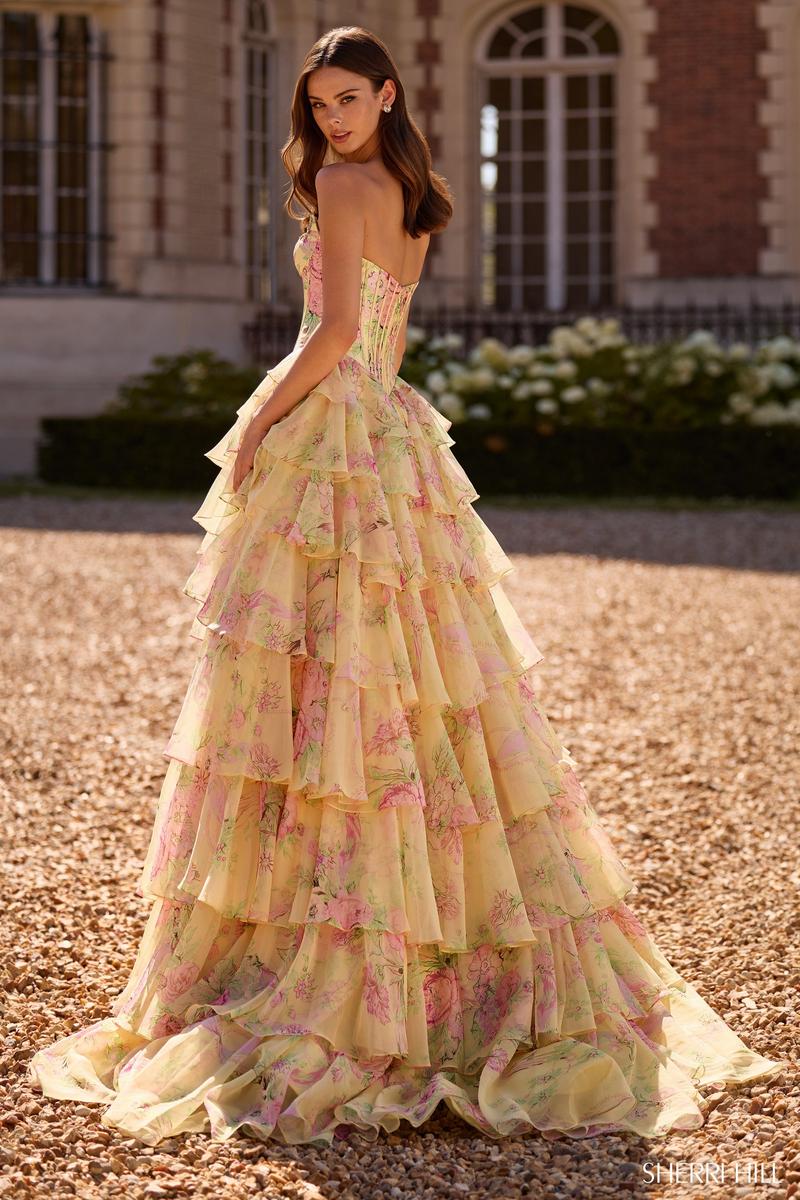 Sherri Hill Floral Print Corset Ruffle Prom Dress 57727 Periwinkle Print / 12