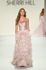 Sherri Hill Floral Print Corset Ruffle Prom Dress 57727