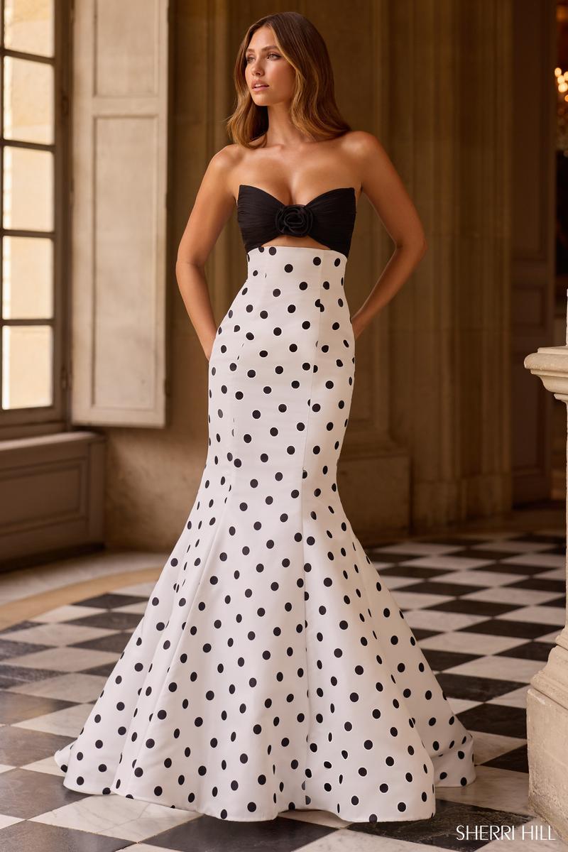 black and white polka dot homecoming dress Retro-Chic Black and White Polka Dot Strapless Corset Prom Dress main image 1