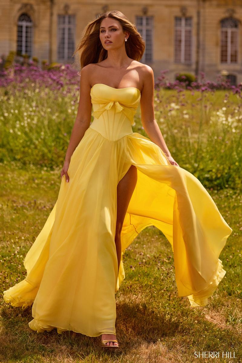 Sherri Hill Strapless A-Line Chiffon Prom Dress 57810 Light Yellow / 0 Sherri Hill Strapless A-Line Chiffon Prom Dress 57810 Light Yellow / 0