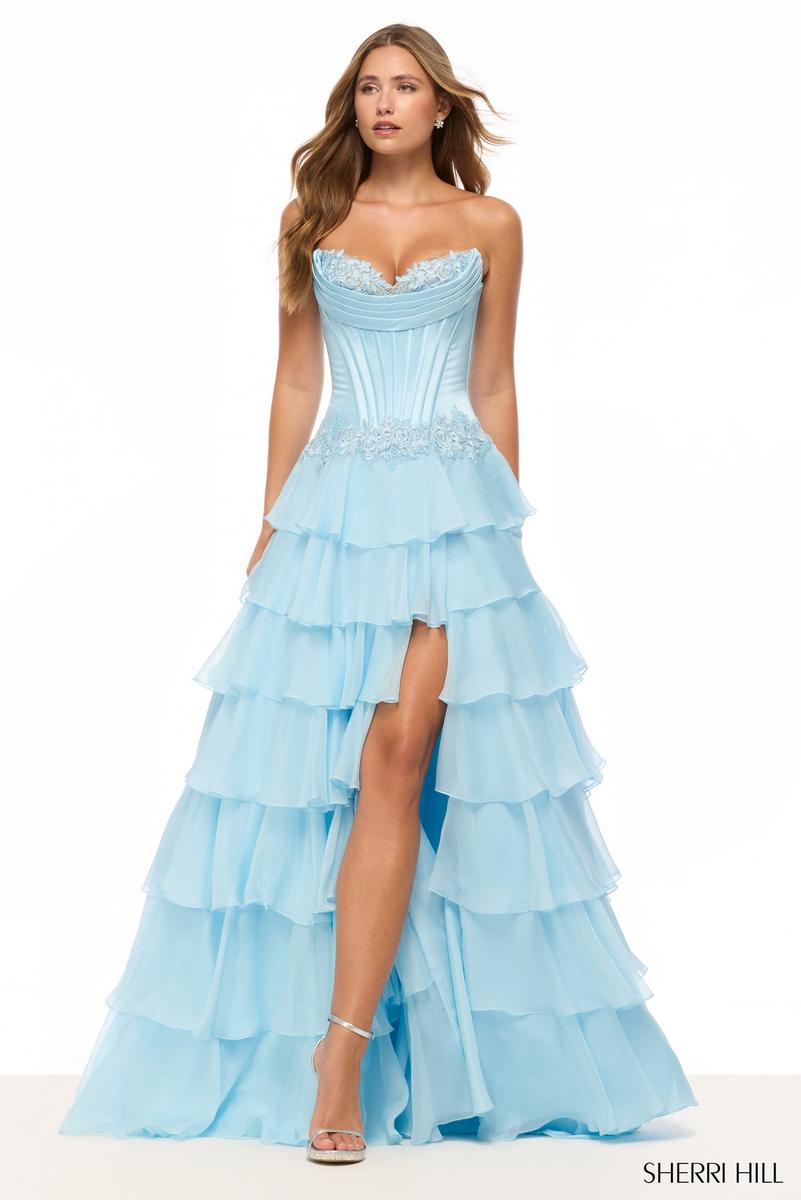 Sherri Hill Lace Detail Corset Ruffle Prom Dress 57868