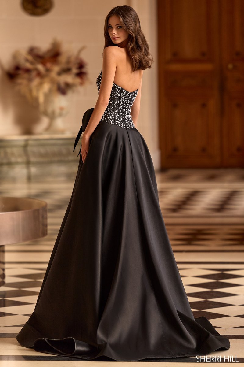 Sherri Hill Strapless Corset Pearl Prom Dress with Bow 58010