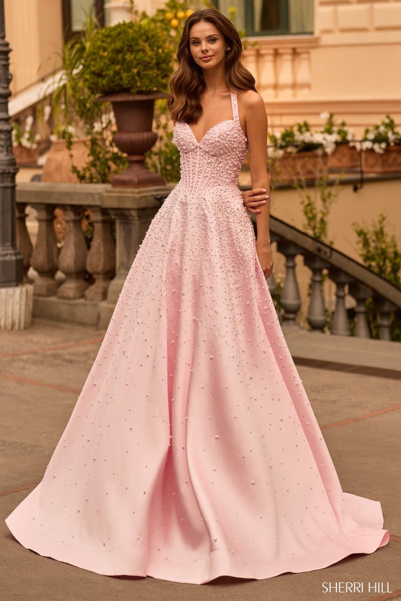 Sherri Hill Halter Pearl Ballgown Long HoCo Dress 58096