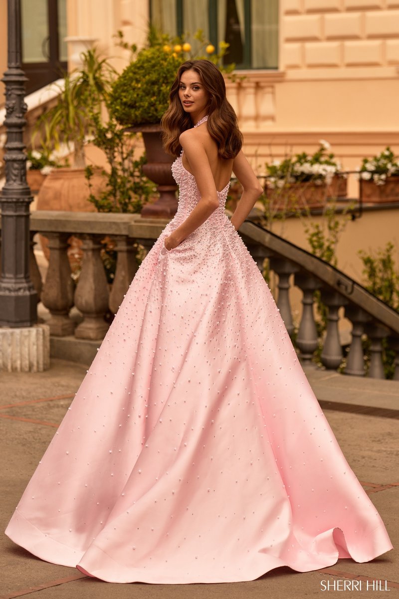 Sherri Hill Halter Pearl Ballgown Long HoCo Dress 58096