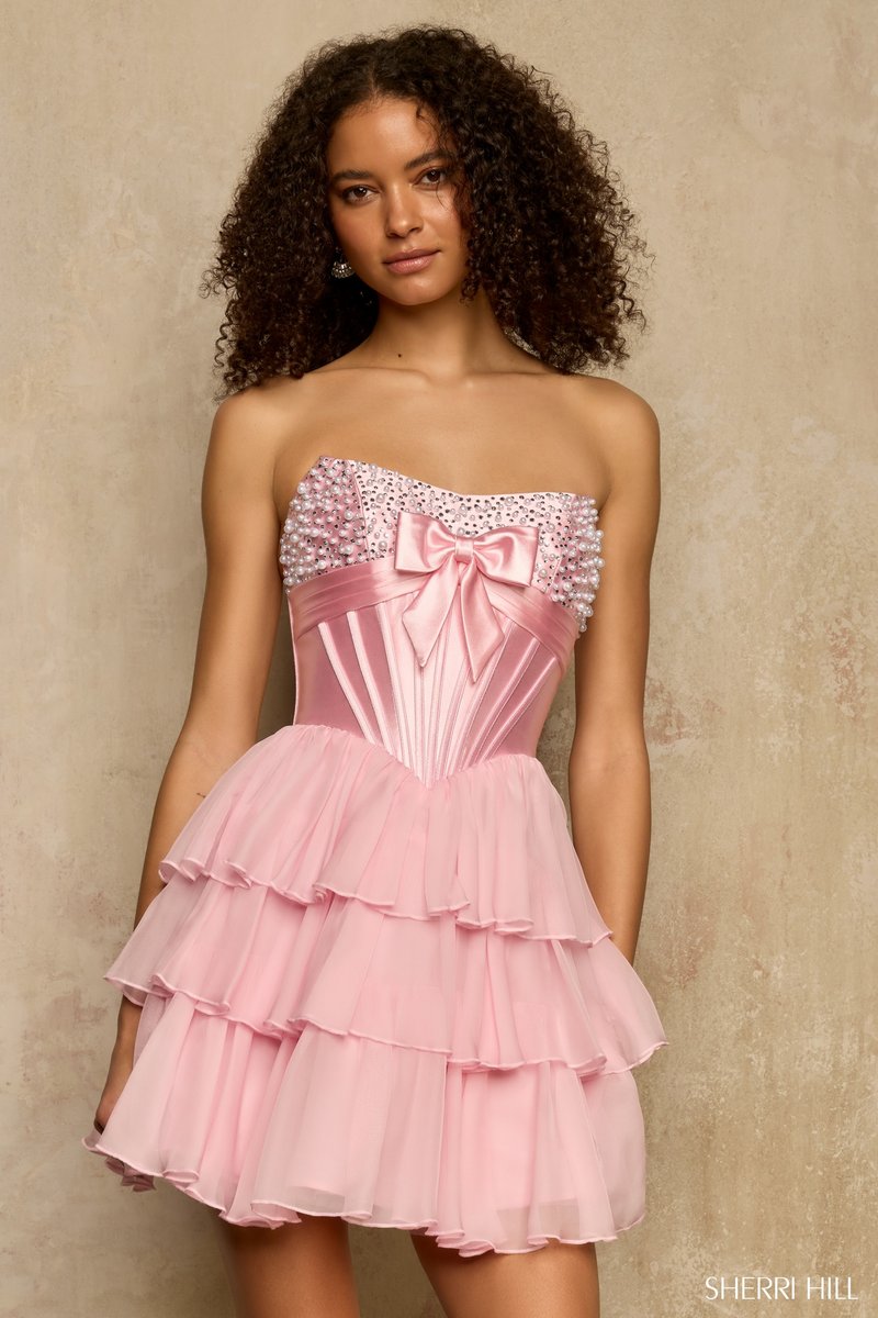 Sherri Hill Strapless Beaded Ruffle Homecoming Dress 58176