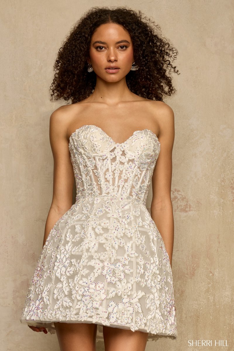 Sherri Hill Strapless Lace Corset Cocktail Dress 58206