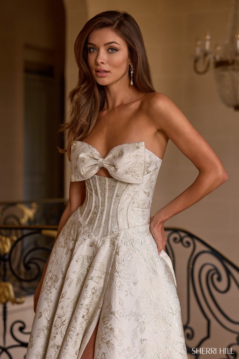 Sherri Hill Brocade Corset Ballgown with Bow 58240