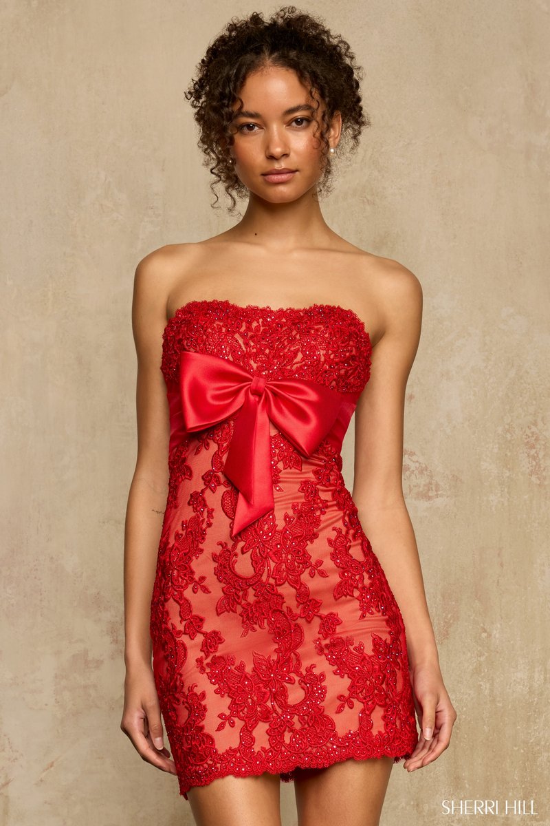 Sherri Hill Strapless Lace Bow Short Homecoming Dress 58268