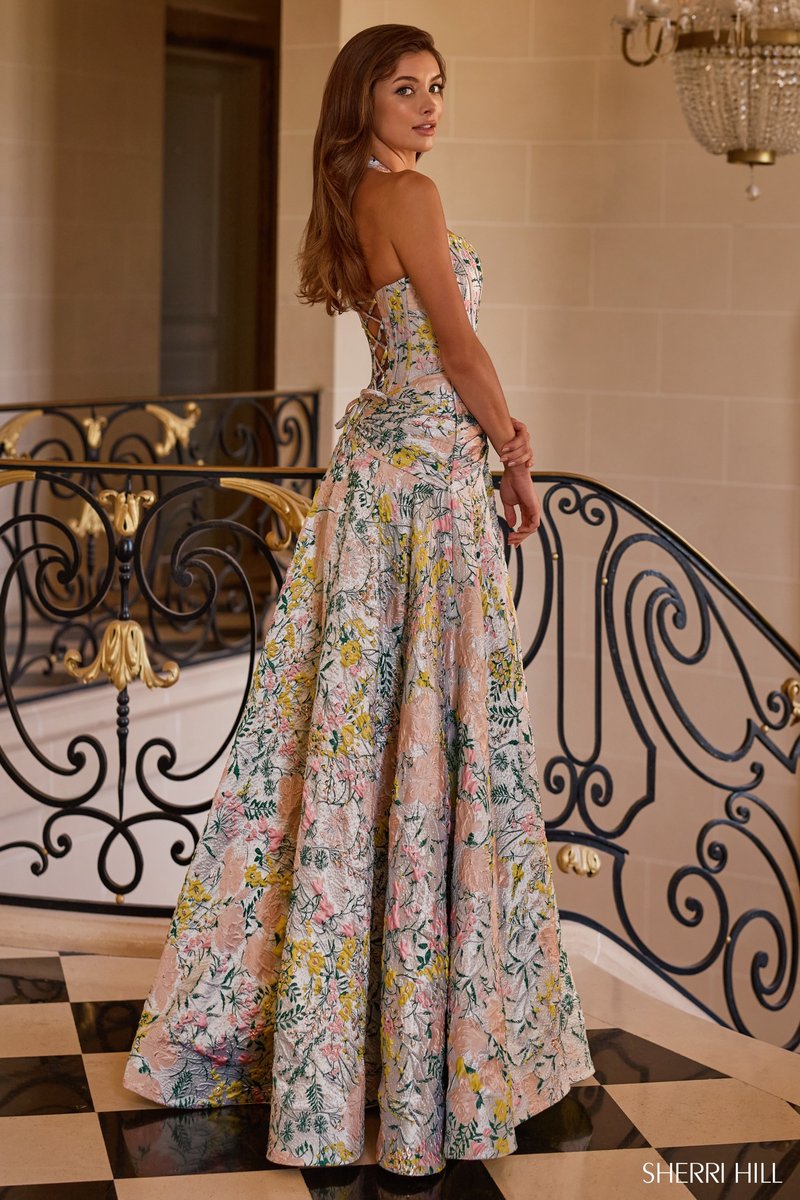 Sherri Hill Halter Corset Brocade Long HoCo Dress 58284