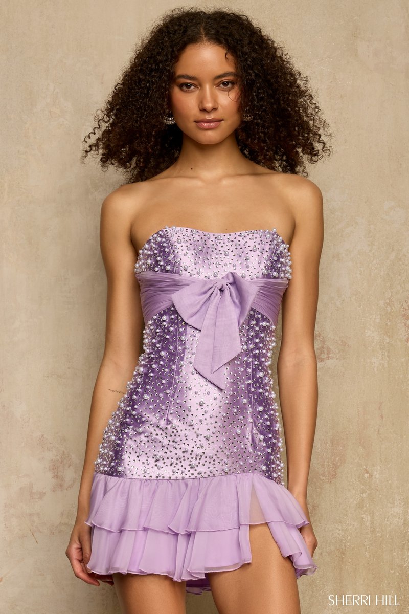 Sherri Hill Pearl Bow Ruffle Hem Homecoming Dress 58288