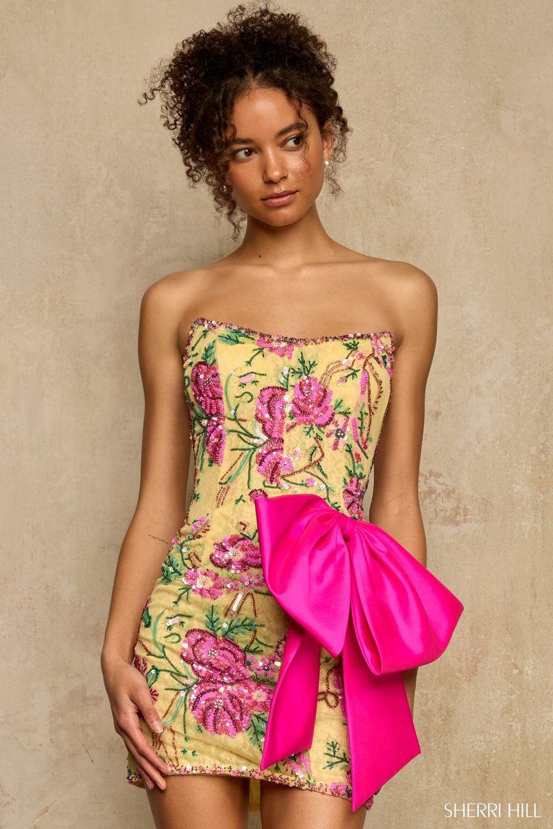 Sherri Hill Floral Beaded Bow Homecoming Dress 58300