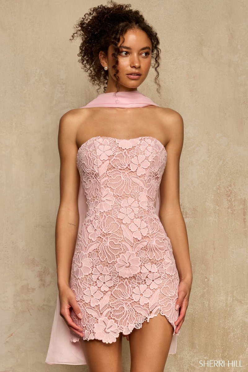 Sherri Hill Strapless Lace Mini W/ Scarf 58397